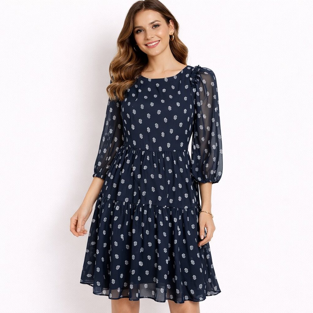 New Calvin Klein Long Sleeve Clip Dot Chiffon Trapeze Dress size 10P